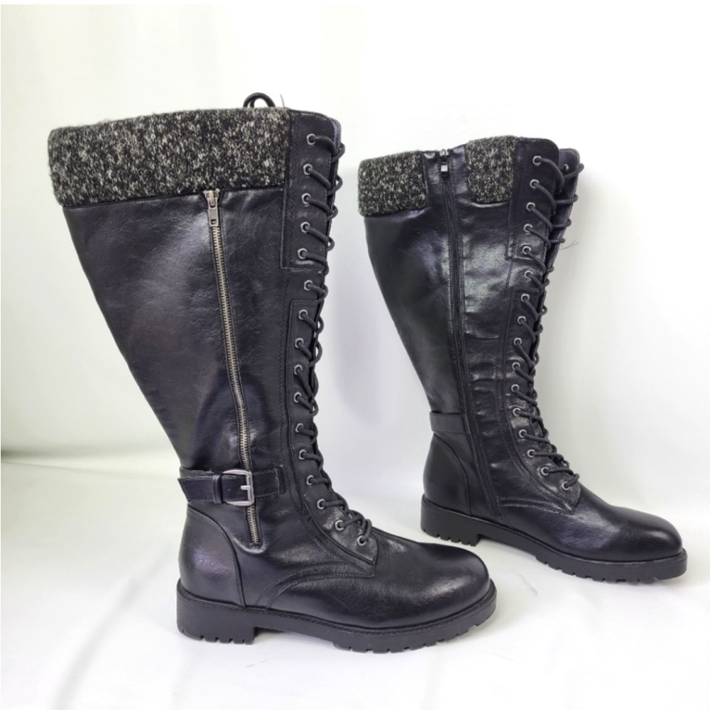 TORRID Black Faux Leather Sweater-Trimmed Knee-High Combat Boot Sz 12